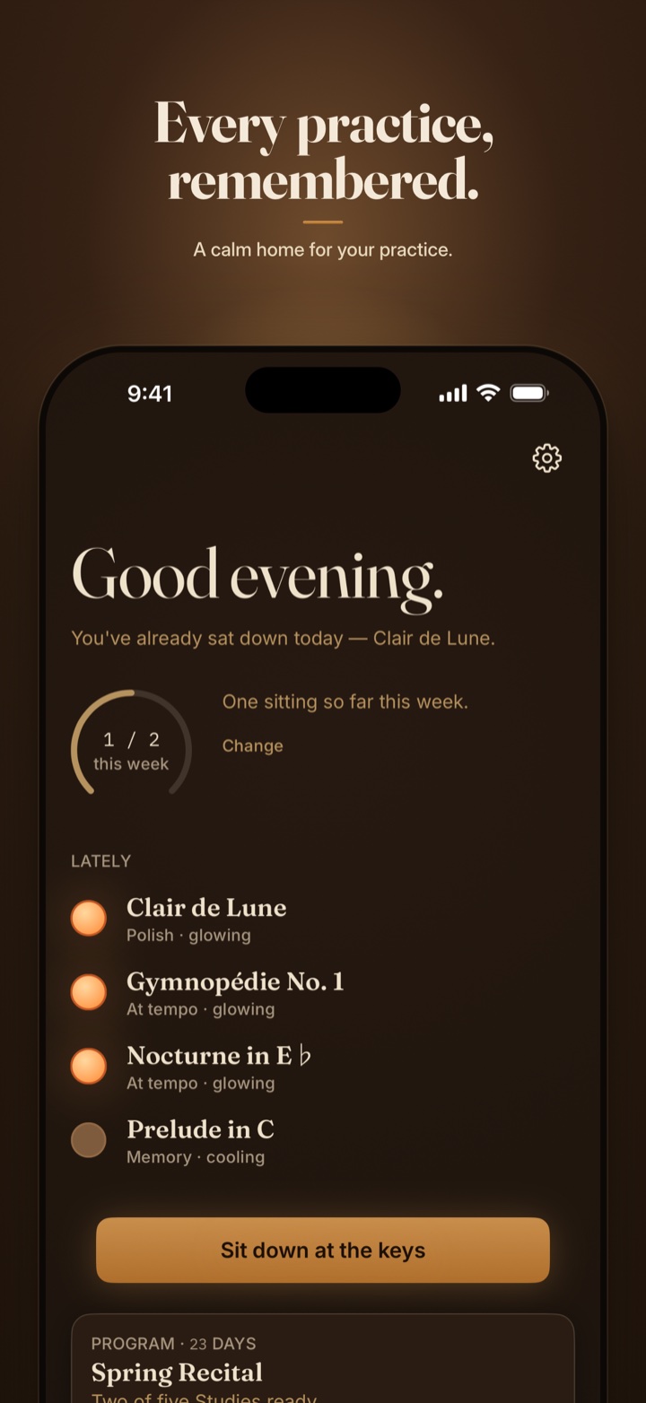 The Practice Room at night — a warm greeting, the week's gentle intention, and the Studies you've touched lately