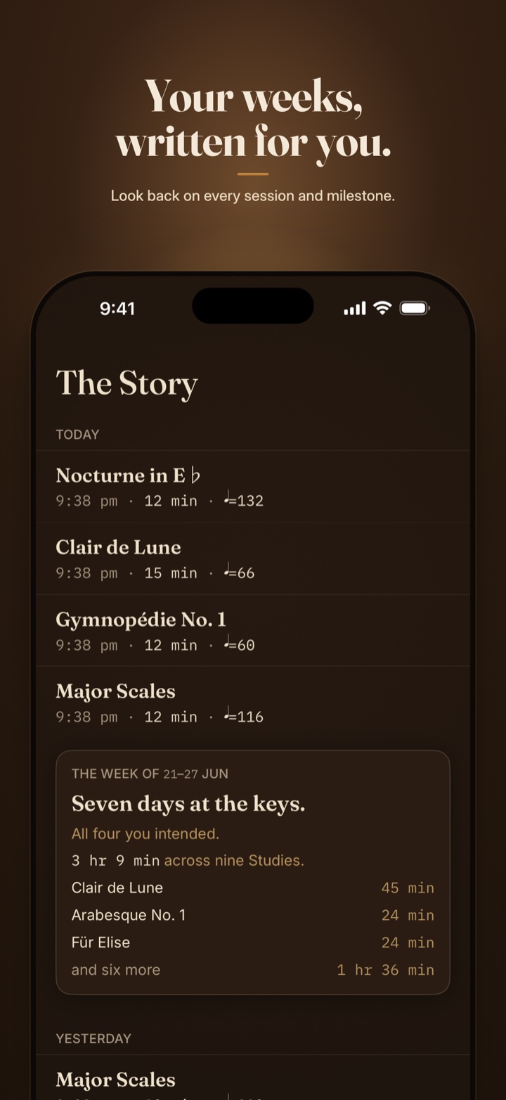 The Story — weekly recaps and quiet milestones gathered into the long view of your playing